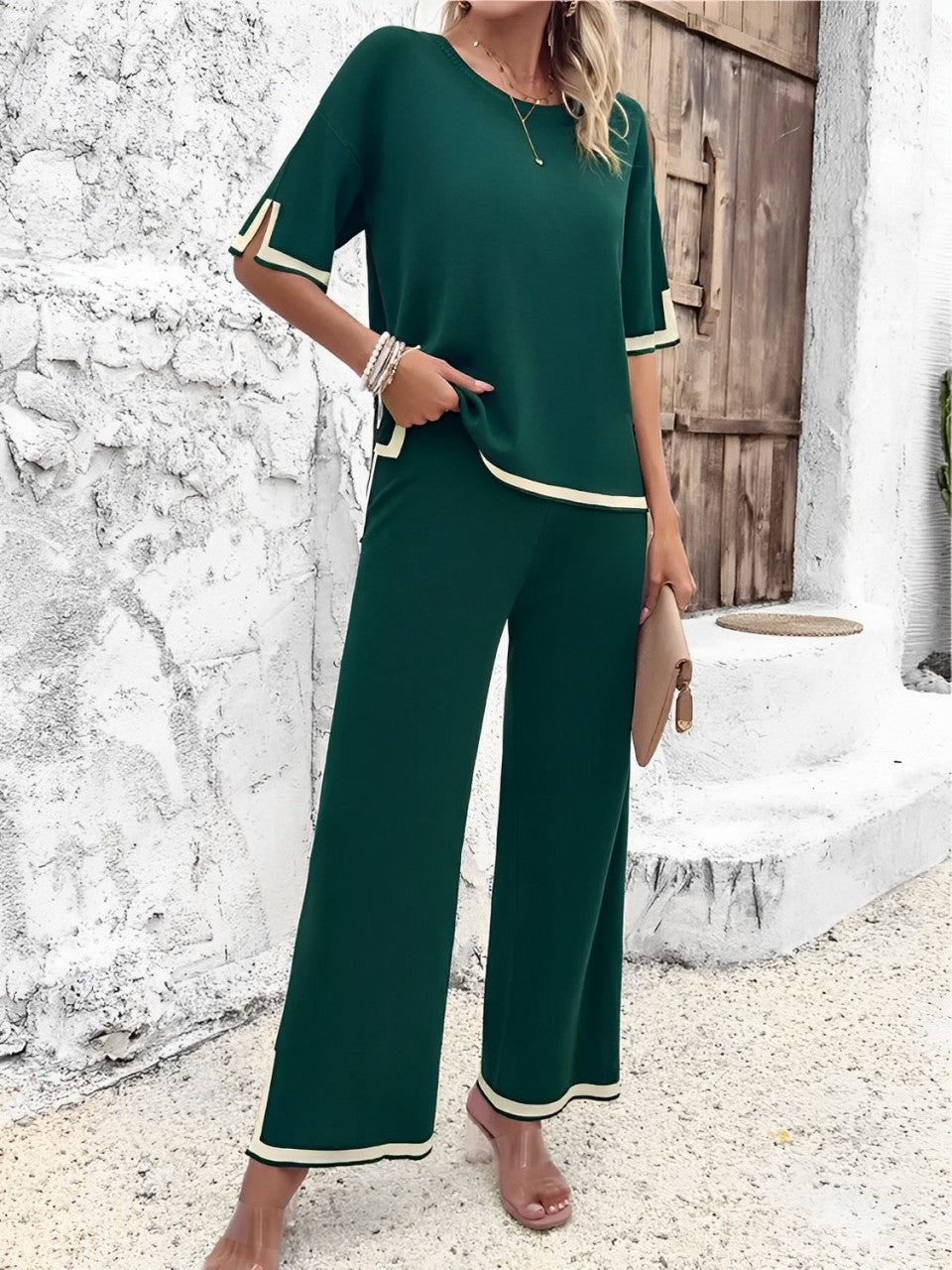 Conjunto Feminino Blusa Mullet Manga Curta e Calça com Fenda - Lorena